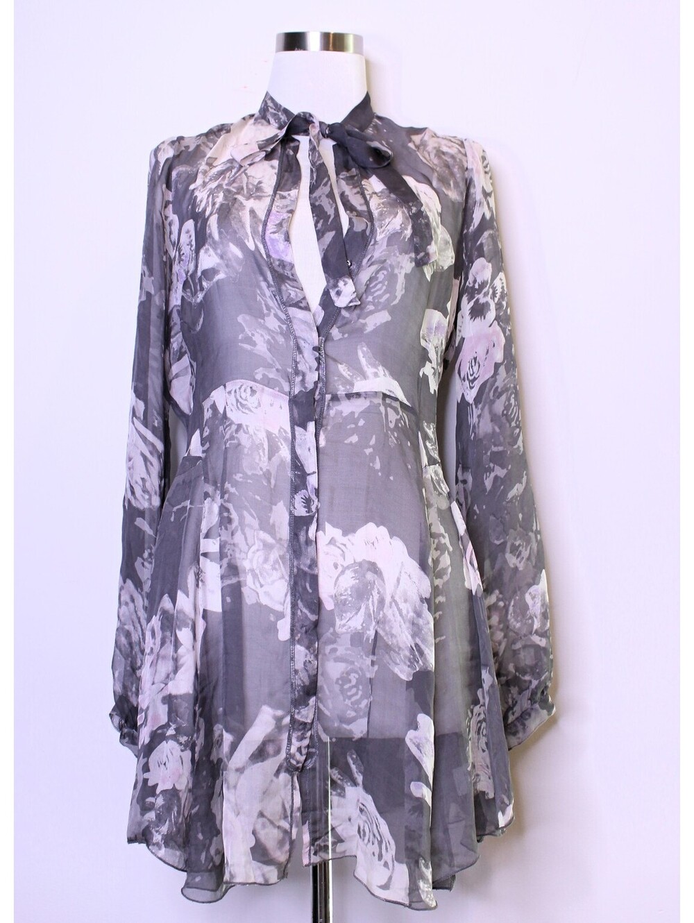 4LoveAndLiberty Gray White Sheer Silk Blouse - Small